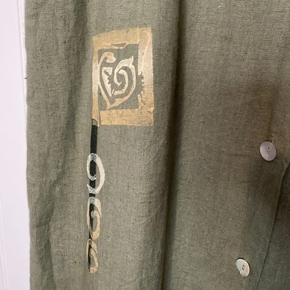 Vintage Play Alegre Hand Painted Green 100% Linen Dress Large (L) - Picture 5 of 7